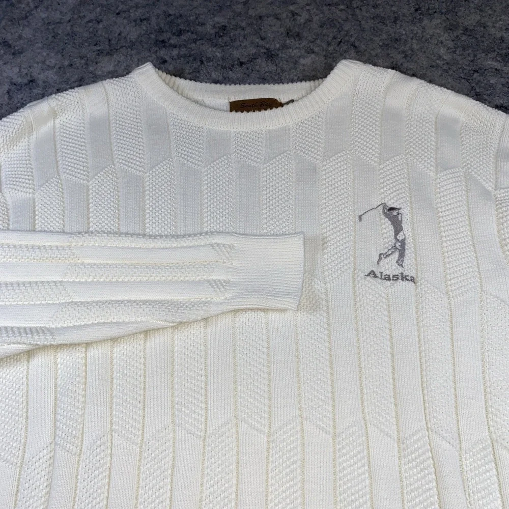 VTG Textured South Bay Mens L Ivory Golf Alaska Embroidered Sweater Knit Preppy